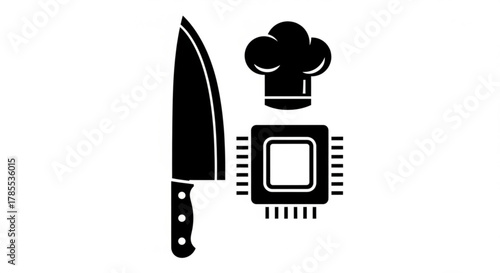 An illustration of a knife, chef hat, and a computer chip, representing the fusion of culinary arts and technology