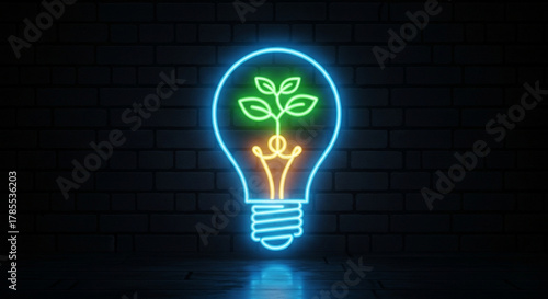 Green energy and sustainable development concept with light bulb and plant on brick wall background neon illustration
