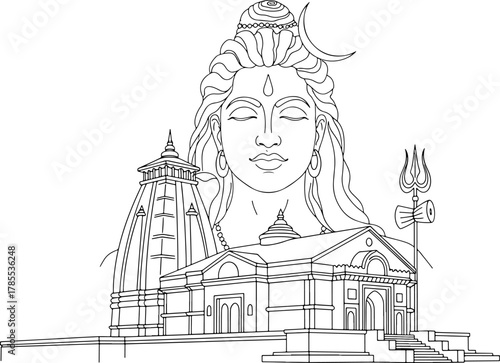 Kedarnath temple & Lord Shiva vector illustration with temple outline art design