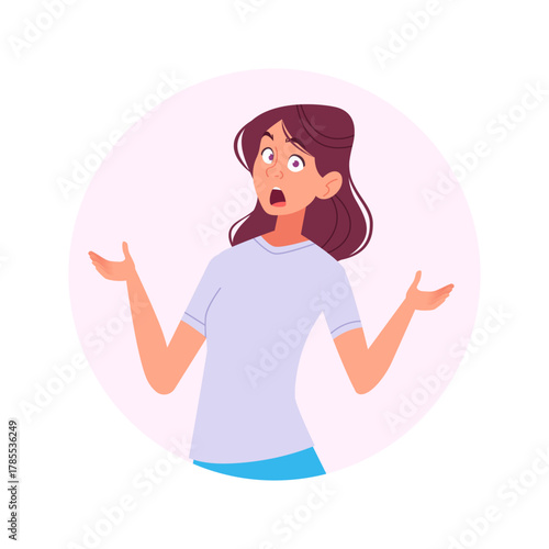 Confused Young Woman Shrugging with Bewilderment and Raised Hands