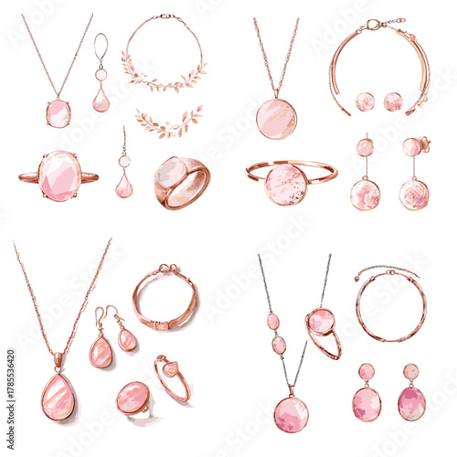 A stylish pink gemstone jewelry collection including rings, necklaces, earrings, and bracelets crafted in soft rose tones with shimmering crystal details.