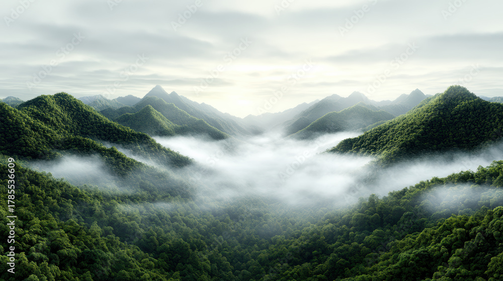 Fototapeta premium Tranquil abstract valley with layered mist textures creates serene and peaceful atmosphere, surrounded by lush green mountains under cloudy sky