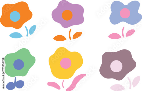 Set of six colorful cartoon flowers with stems and leaves, isolated on white background
