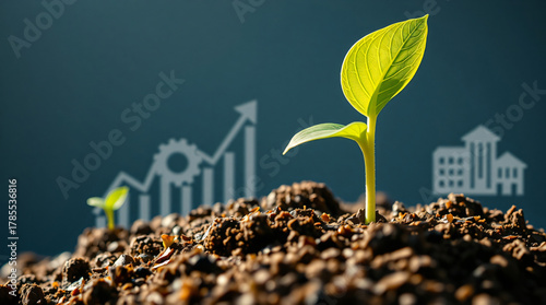 Conceptual Image of a Bright Green Seedling Growing in Soil Against a Dark Background with Corporate Financial Charts, Industry Gear, and Building Icons Representing Sustainable Business Growth