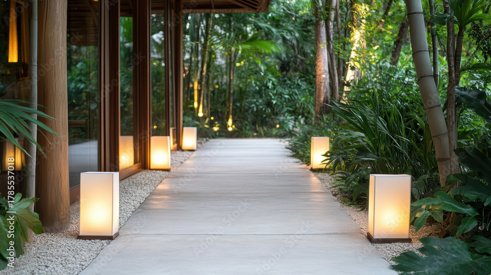 Obraz premium Serene garden path at wellness resort is lined with glowing lanterns, surrounded by lush greenery and bamboo, creating tranquil and inviting atmosphere