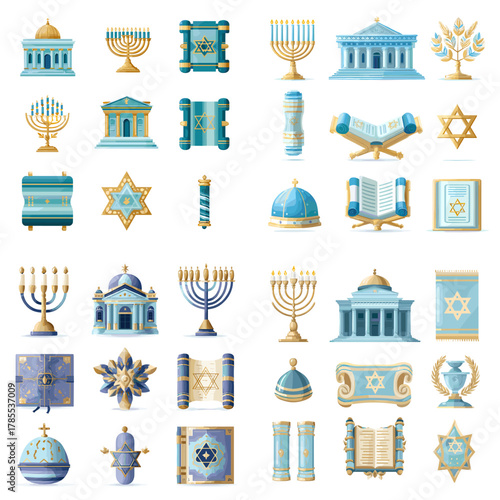 A detailed collection of Judaica symbols including synagogues, menorahs, Torah scrolls, Stars of David, and ceremonial objects in blue and gold tones.