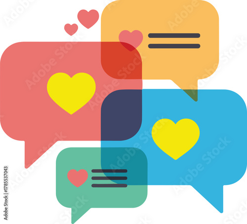Colorful vector speech bubbles with hearts and communication symbols representing social interaction