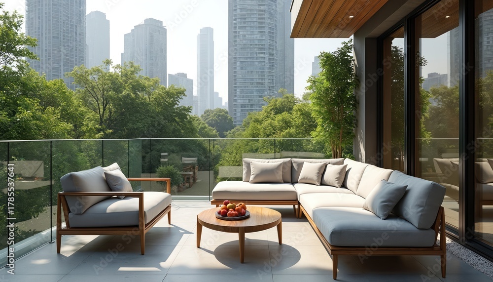 Obraz premium City apartment balcony view. Modern outdoor furniture arranged on terrace. Table with fruits, comfortable seating enjoy cityscape, green foliage. Residential lifestyle in urban oasis. Condo design