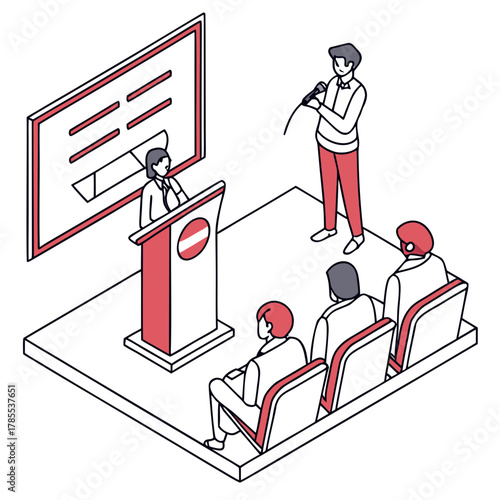 An engaging speaker delivers a captivating presentation to an attentive audience, sharing valuable insights and fostering a collaborative learning environment