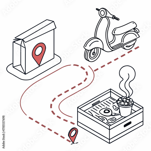 Isometric delivery service illustration featuring a scooter, package, and food, showcasing the convenience of online ordering and fast transportation