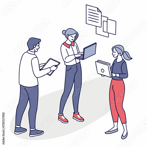 A diverse group of colleagues are working together on a project, using laptops and tablets to share ideas and collaborate