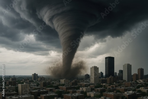 A powerful tornado descends over a city skyline. Dark storm clouds swirl ominously above tall buildings. Dust and debris are lifted into the air.
