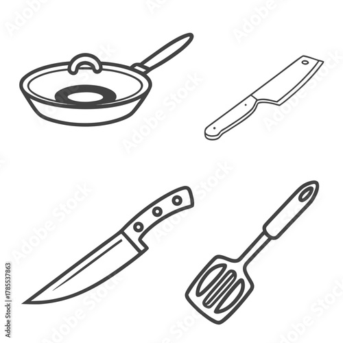 Kitchen utensil icon set collection of linear vector illustrations of cooking tools, including pan, knife, and spatula
