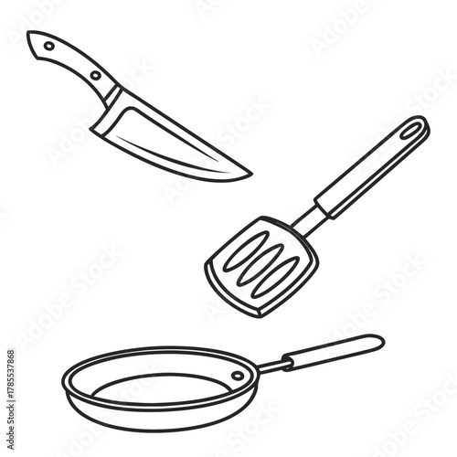 A simple line art illustration featuring a knife, a spatula, and a frying pan, representing cooking and kitchen utensils