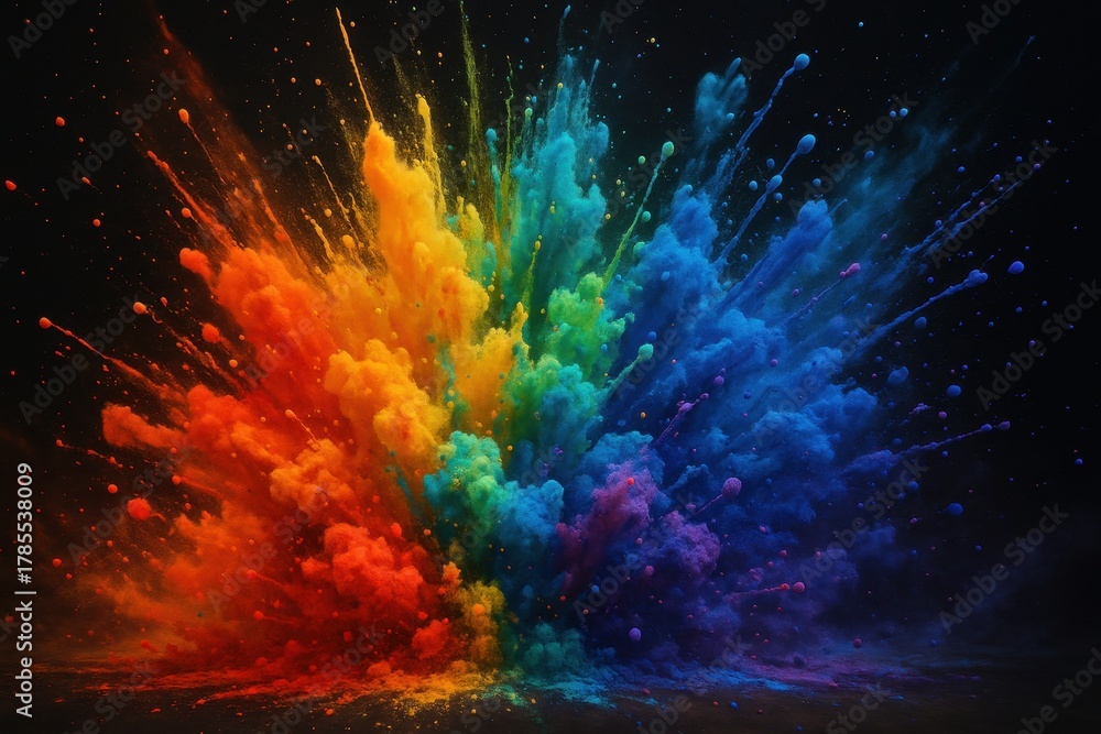 Obraz premium A vibrant explosion of colored powder creates a dynamic and colorful cloud. The scene showcases a spectrum of rainbow hues against a dark background.