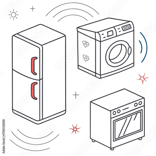 Isometric outline illustration of smart home appliances refrigerator, washing machine, and stove with wireless connection