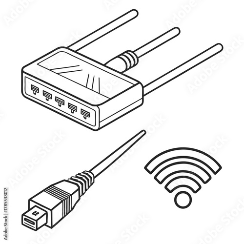 Illustration of a router, ethernet cable, and wifi symbol perfect for technology, internet, or networking related designs