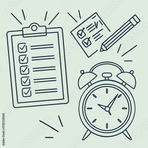 Illustration of clipboard, checklist, pencil, and alarm clock, representing time management, task completion, and productivity