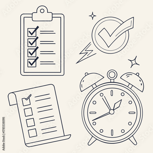 Illustration of clipboard, checklist, checkmark, and alarm clock, representing task management, validation, and punctuality