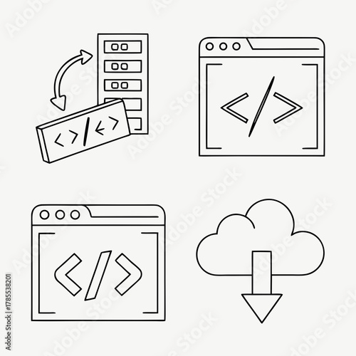 Set of software development and coding icons as a line art illustration, depicting the process of coding, testing, and deployment