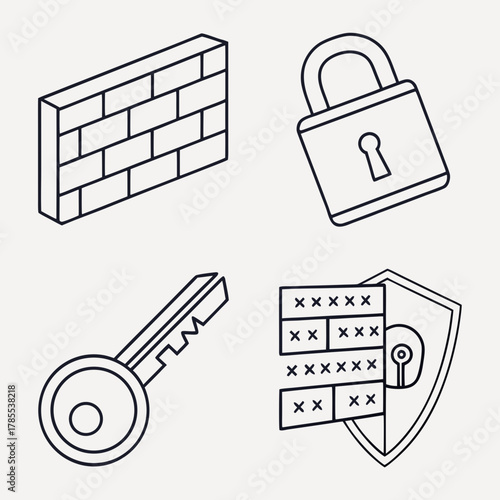 Four security icons depicting a brick wall, padlock, key, and password shield, the icons represent protection and access control measures