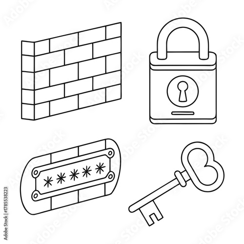 Line art illustration featuring a brick wall, padlock, keypad, and heartshaped key, symbolizing security measures and access control