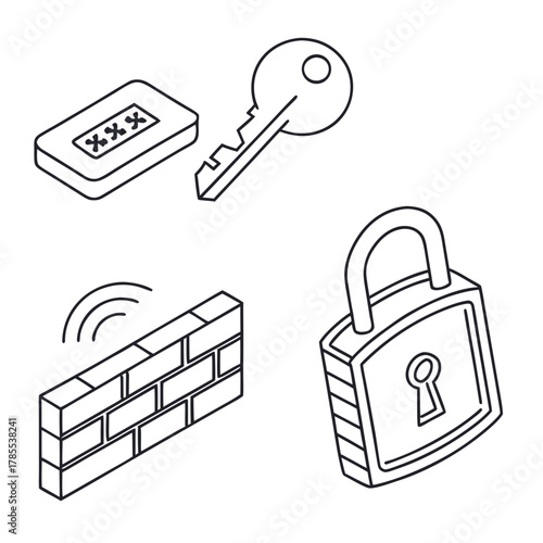 Line art illustration featuring a keypad, key, brick wall, and padlock, symbolizing security measures and access control