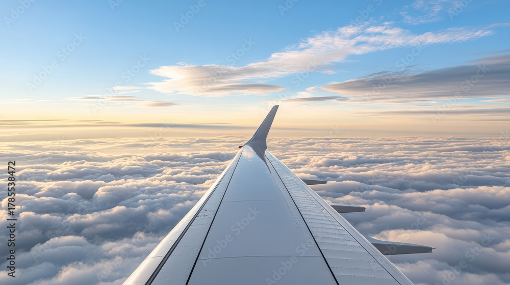 Fototapeta premium Airplane wing view over fluffy clouds during serene sunset, creating sense of expansion and vision. high altitude offers breathtaking perspective