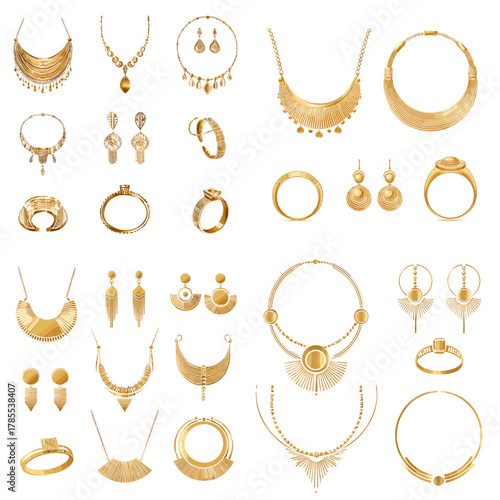 Luxurious gold jewelry collection featuring necklaces, earrings, rings, and statement accessories arranged in elegant high-end decorative style.