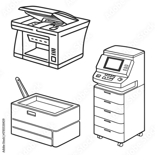 Three distinct printer models are depicted in a line art style, each showcasing unique features and designs