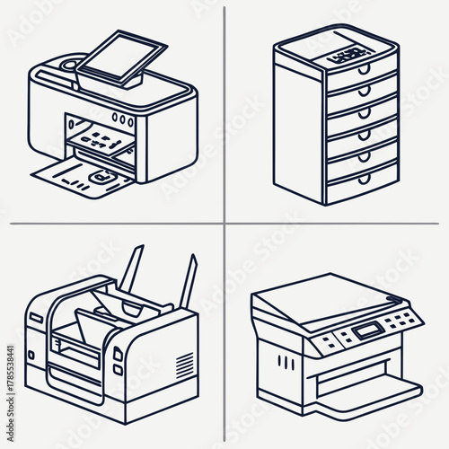 Four different printer designs are presented in a line art style, each with unique features and functionalities