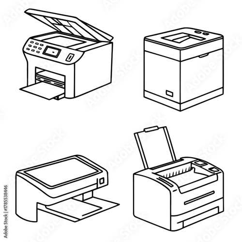 Four different printer types are presented in a line art style, showcasing various designs and functionalities