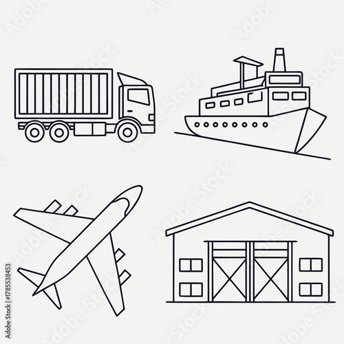 Four transportation icons a truck, a ship, an airplane, and a warehouse all are drawn in a simple line art style