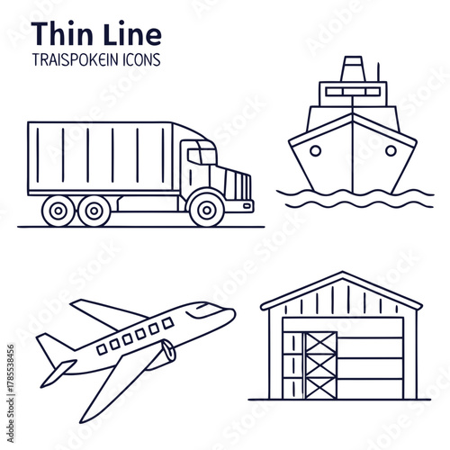 Four transportation icons a truck, a ship, an airplane, and a warehouse all are drawn in a simple line art style