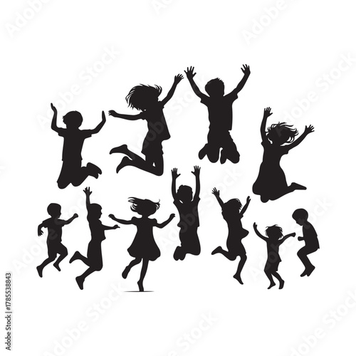 kids jumping vector silhouette clip art logo design illustration. kids enjoying icon collection
