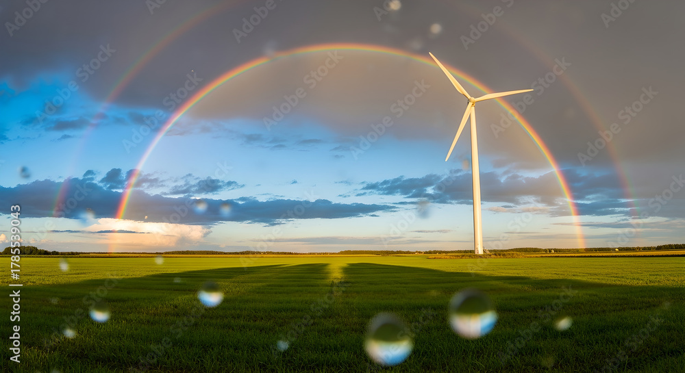 Naklejka premium Sustainable Future: Majestic Wind Turbine Under a Double Rainbow in Green Field