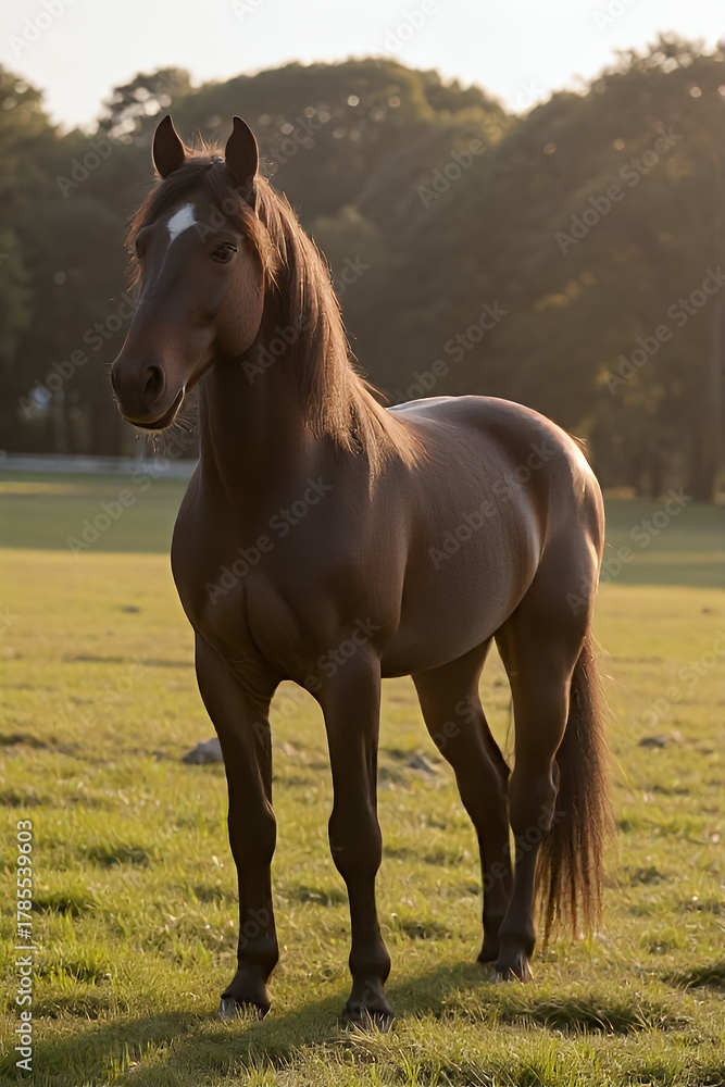 Fototapeta premium Majestic brown horse standing in a field with soft sunlight