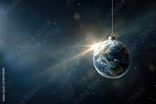 Earth hanging like a christmas ornament in the vastness of space with bright sunlight illuminating its surface