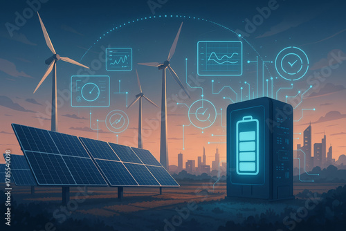 Renewable energy landscape with solar panel, wind turbine, and battery storage system at sunset, showing futuristic technology and sustainable power generation