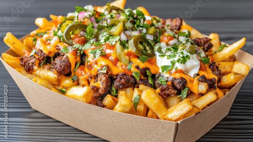 Delicious serving of carne asada fries topped with melted cheese, guacamole, sour cream, jalapenos, and fresh herbs in cardboard tray