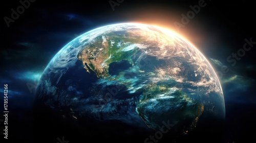 Majestic earth seen from space with bright sunrise illuminating continents and clouds against a dark starry background