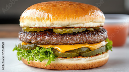 Juicy cheeseburger with melty cheese, pickles, and lettuce on toasted bun, creating mouthwatering and satisfying meal