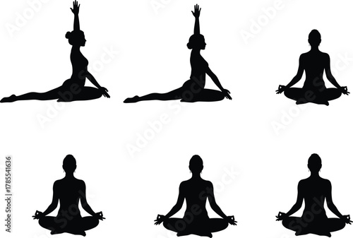 Yoga poses and meditation silhouettes, mindfulness, flexibility, wellness, balance, relaxation flat vector illustration