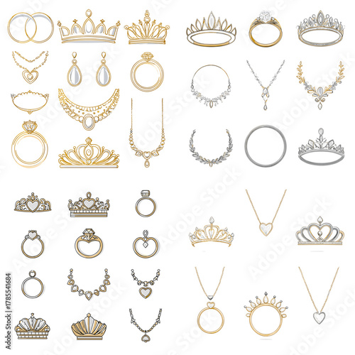 Luxury crown and jewelry illustration set featuring tiaras, rings, earrings, and necklaces in gold and silver. Perfect for princess themes, wedding designs, regal branding, and fashion accessories.