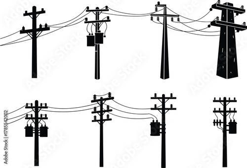Utility poles with transformers, insulators, and power lines silhouettes, electric distribution infrastructure designs collection, flat vector