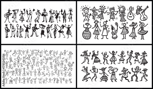 Tribal People Illustration, Cultural Community Drawing, Hand Drawn Ethnic Vector, Traditional Folk Art, Heritage People Sketch, Indigenous Culture Illustration, Black and White Ethnic Drawing, Communi