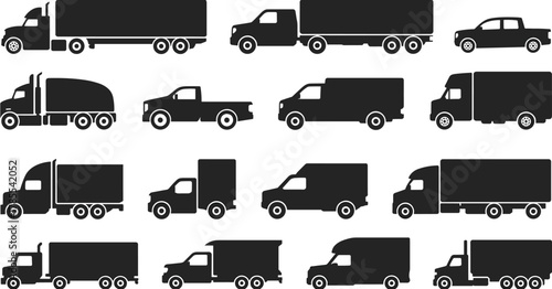 Trucks, vans, delivery vehicles, commercial transport, logistics fleet, cargo transport, silhouette artwork, flat vector illustration
