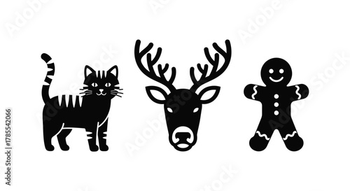 Black cat deer and gingerbread man christmas vector illustration
