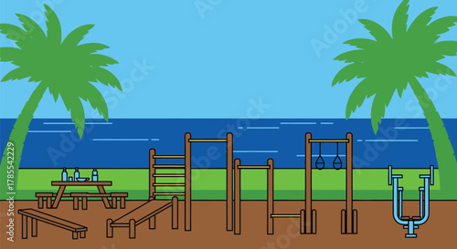 Outdoor fitness park cartoon illustration with palm trees view