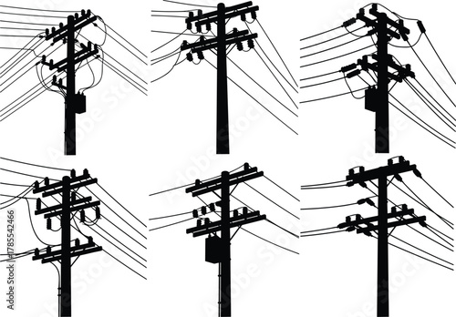 Utility poles with transformers, insulators, and power lines silhouettes, electric distribution infrastructure designs collection, flat vector